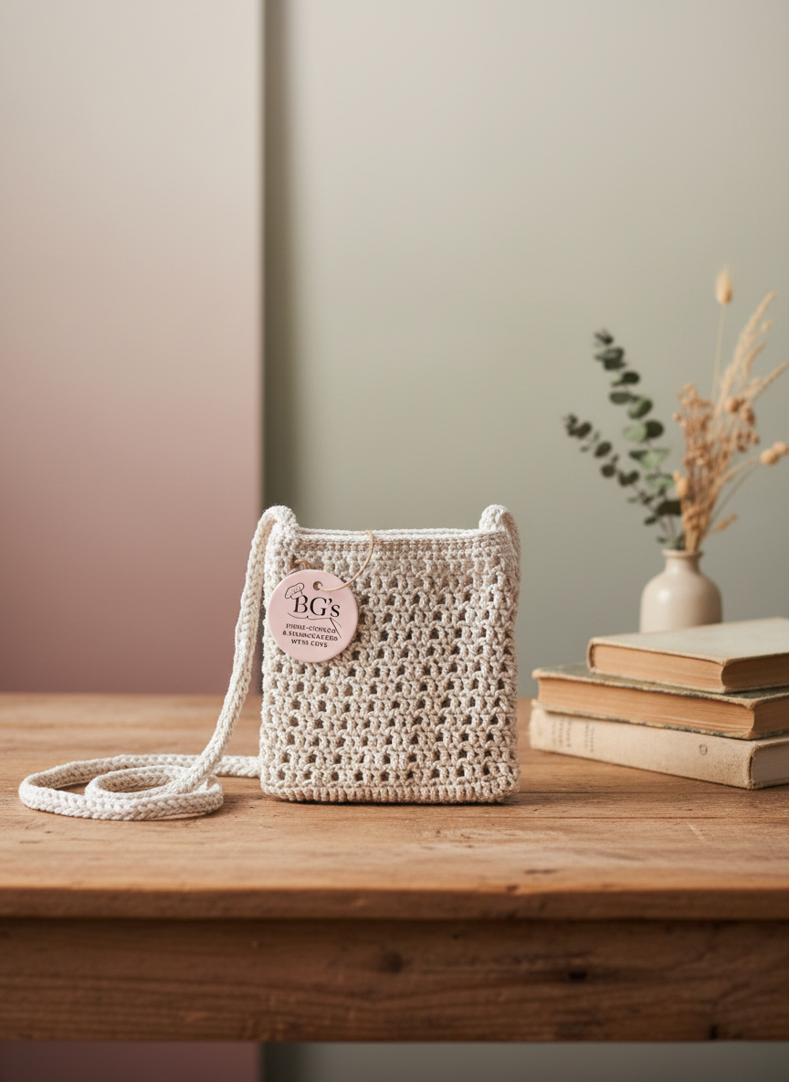 Woven handbag with a pink label on a wooden surface against a neutral wall.
