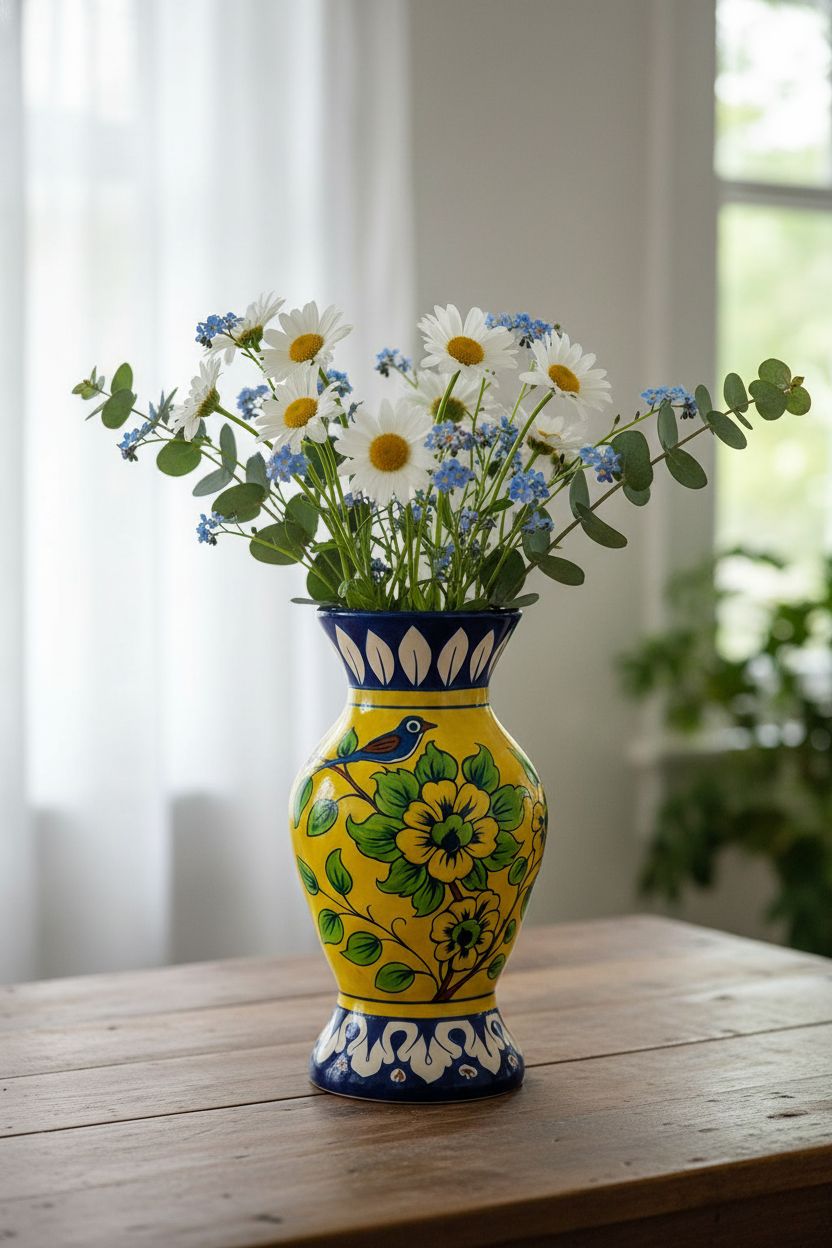Decorative yellow vase with floral design on a wooden table