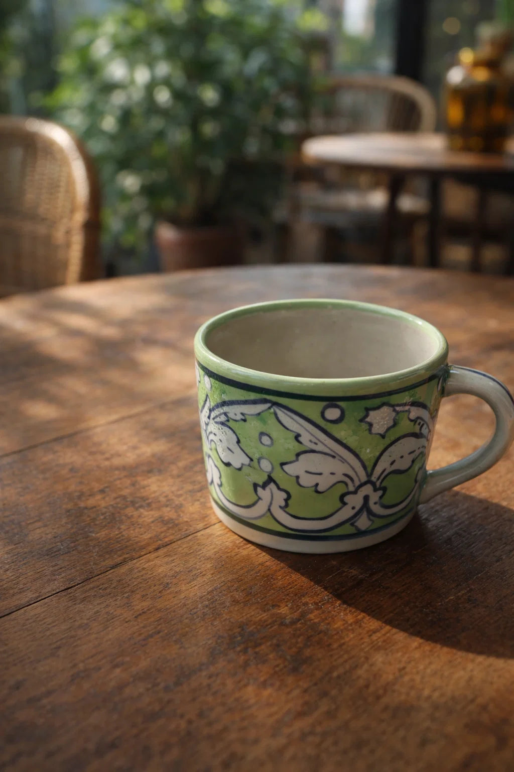 Green & White Ceramic Tea Set | Handmade Tray with 6 Mugs 2 Saucers | Artisan Pottery Se
