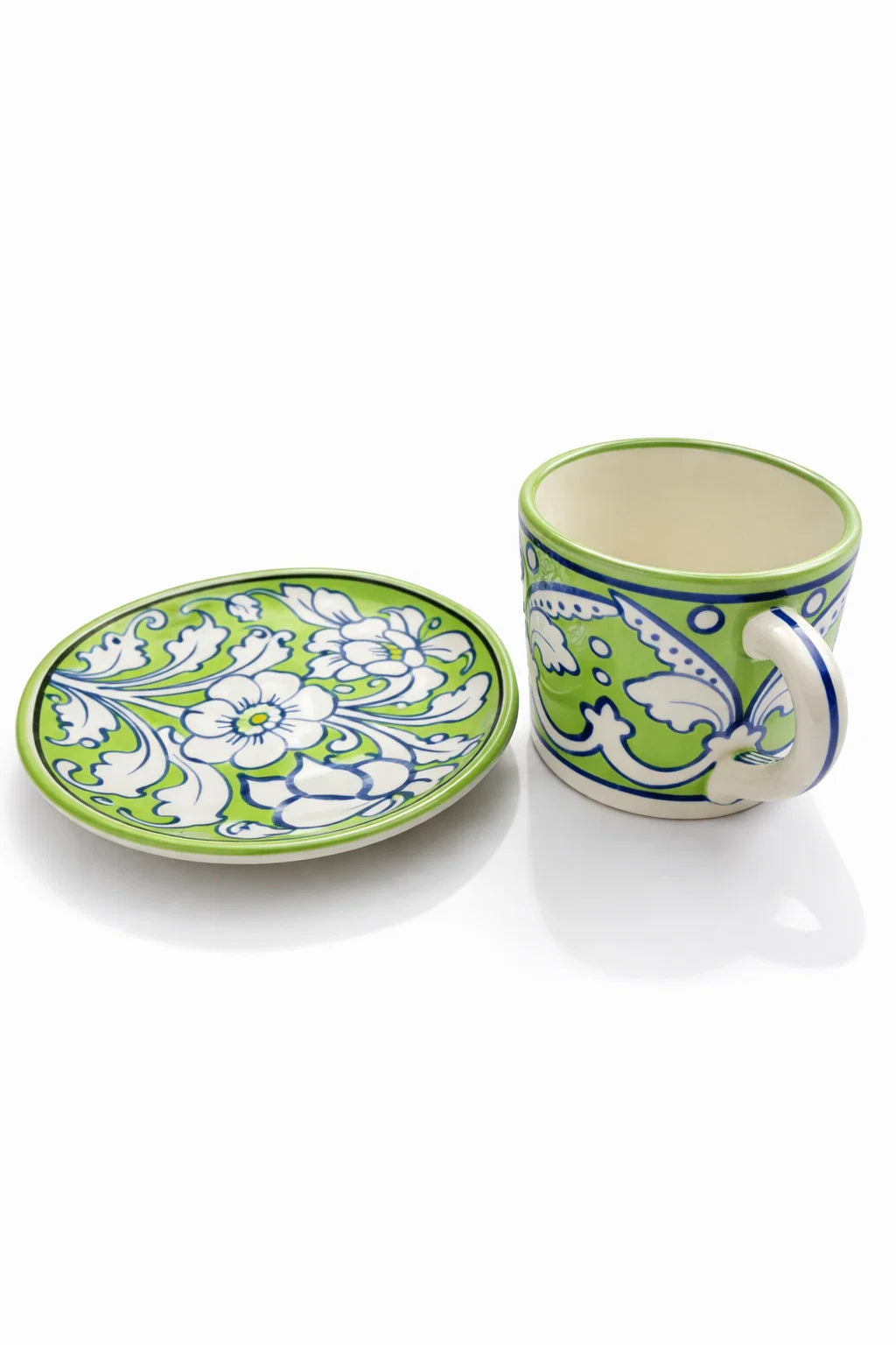 Green & White Ceramic Tea Set | Handmade Tray with 6 Mugs 2 Saucers | Artisan Pottery Se